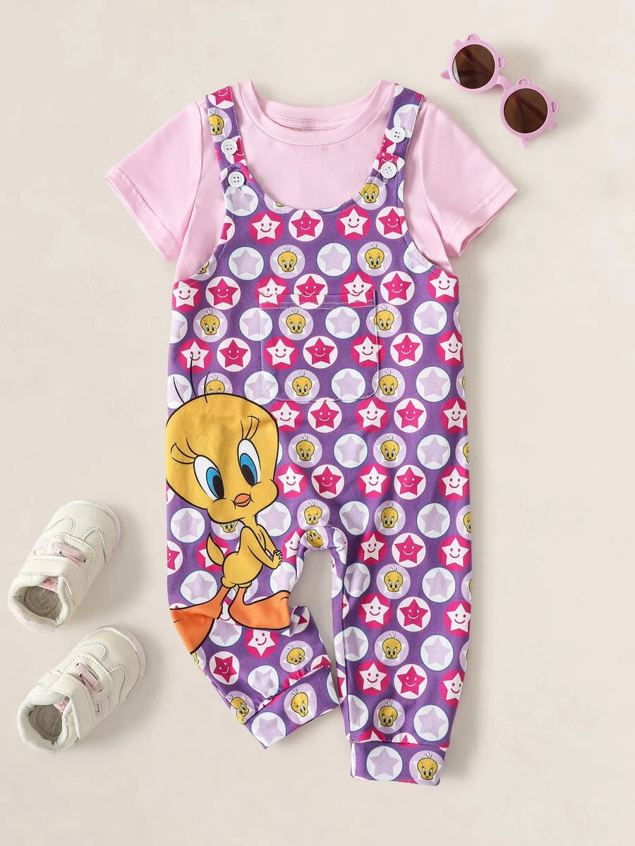 LOONEY TUNES X SHEIN Bộ jumpsuit bé gái in họa tiết hoạt hình - Hồng - Xem 1