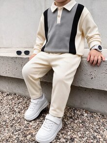 SHEIN 小男孩配色拼接休閒衛衣與秋季長褲套裝 - 彩色 - 查看 1