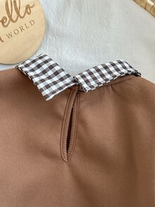 SHEIN 女嬰可愛棕色針織拼接格紋長袖秋冬洋裝 - 棕色 - 查看 4