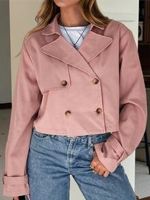 SHEIN EZwear 灰色編織女款長袖雙排扣夾克 辦公室秋季法式優雅 - 粉色 - 查看 4