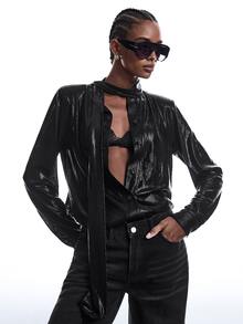 LYSMO Women's Solid Color Long Sleeve Single-Breasted Elegant Blouse - Black - View 7