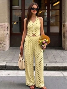 SHEIN 青少年女孩優雅波點掛脖套裝，深咖啡色波點掛脖無袖短版上衣 + 高腰寬腿長褲 - 彩色 - 查看 3