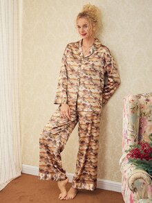 Elorette 2pcs Brown Satin Oil Painting Full Print Vintage Romantic Pastoral Women's Pajama Set - Beige - View 4
