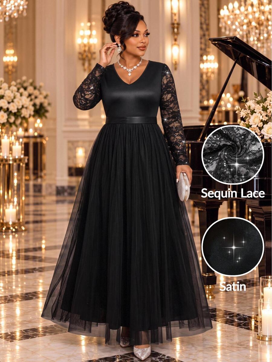Fleurora Plus Size Women's Solid Color Patchwork Sequin Lace Long Sleeve Elegant V-Neck Dress - Multicolor - View 1