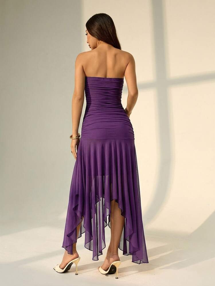 SHEIN PETITE Đầm nữ cúp ngực bèo nhún gấu không đối xứng, hồng nhạt mùa hè, phong cách thanh lịch gợi cảm cho dáng người nhỏ nhắn, phù hợp hẹn hò, tiệc tùng và mùa cưới - Màu tím - Xem 2