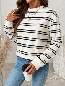 SHEIN LUNE Women's Striped Crew Neck Drop Shoulder Long Sleeve Casual Loose Sweatshirt - White - View 4