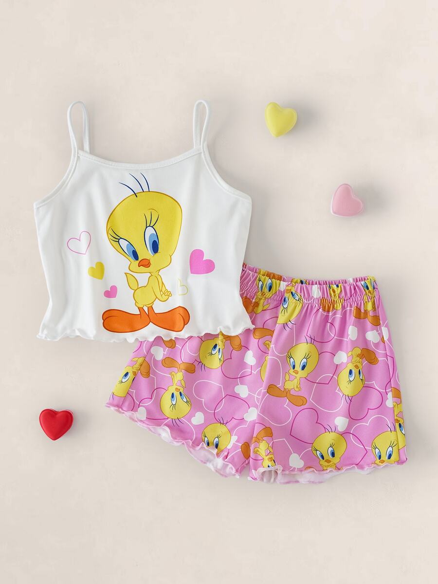 LOONEY TUNES X SHEIN Young Girl Cartoon Print Camisole Top And Frill Trim Shorts Loungewear Set - Multicolor - View 1