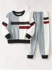 SHEIN 2件組男孩運動套裝，街頭風，酷炫三色條紋衛衣 + 長褲，柔軟舒適，極簡風，適合日常、上學、旅行、運動，春秋款 - 彩色 - 查看 3