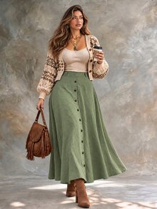 Ceyna Plus Size Women Solid Color Single-Breasted Casual Commute Skirt - Multicolor - View 3