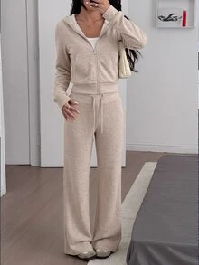 SHEIN EZwear Women's Solid Color Zip-Up Hoodie And Pants Casual Daily 2 Pieces Set - Apricot - View 1