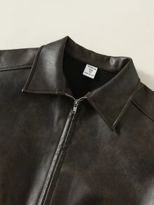 SHEIN Jaket Anak Laki-Laki/Remaja dengan Kerah PU Longgar dan Saku Tempel, Cocok untuk Hari Karier Musim Dingin dan Kembali ke Sekolah. - Coklat - View 4