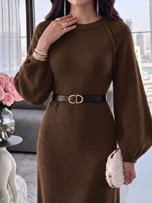 Feyla Women's Elegant Fashion Round Neck Sweater Dress For Business Office Commuter , Fall - Coffee Brown - View 4