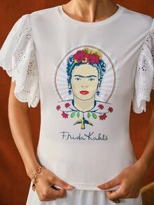 Glamance Frida Kahlo X SHEIN Women's Round Neck Cartoon Print Casual Daily T-Shirt - White - View 3
