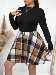 SHEIN CURVE+ Plus Size Solid Color Round Neck Long Sleeve Top & Plaid Print Skirt 2 Pieces Set, Autumn/Winter Plus Size Outfit - Multicolor - View 5