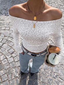 Muchica Camiseta sexy de mujer con estampado de leopardo y hombros descubiertos - Multicolor - Ver 6