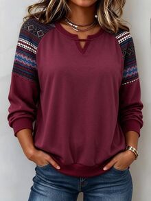SHEIN LUNE CURVE كنزة رياضية نسائية مقاس كبير للربيع/الخريف، كاجوال بسيطة متعددة الاستخدامات، بقصة ضيقة وياقة على شكل حرف V، مع طباعة بنمط وتصميم رقع مضلع وأكمام طويلة راجلان، مناسبة للتنقل اليومي وتجمعات الأصدقاء والعودة إلى المدرسة والكريسماس - متعدد الألوان - مشاهدة 5