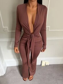 SHEIN SXY Women's New Brown Long Sleeve Jumpsuit For Night Out - Coffee Brown - View 5