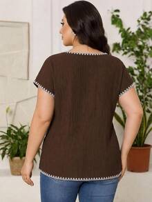 SHEIN Clasi Plus Size Women's Colorblock Pleated Casual Daily Wear Shirt - Brown - View 5