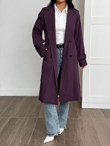 SHEIN PETITE 女款卡其色休閒開襟裝飾學院風風衣 - 紫色 - 查看 8
