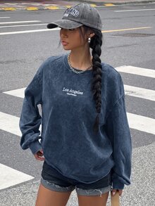 Muchica 女款做舊雪洗圓領長袖字母印花休閒街頭風深灰色T恤，開學季日常白天學生秋季穿搭 - 藏蓝色 - 查看 5