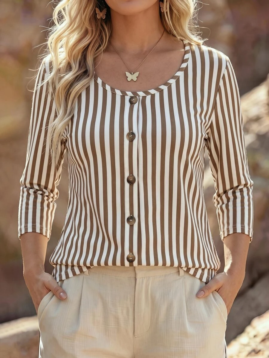 Selamara New Plus Size Women's Fashion Casual Versatile Round Neck Button-Down Striped Long Sleeve Shirt T-Shirt - Multicolor - View 1