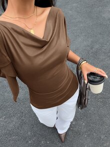 Siren Gaze 女款優雅秋季垂領短袖T恤，修身抓皺肩部上衣，適合早午餐、商務休閒辦公穿著襯衫 - 摩卡棕 - 查看 8