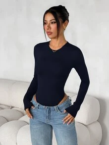 SHEIN PETITE 女款純色修身百搭日常穿著長袖連身衣，黑色，秋季極簡簡約百搭，小碼 - 藏蓝色 - 查看 7