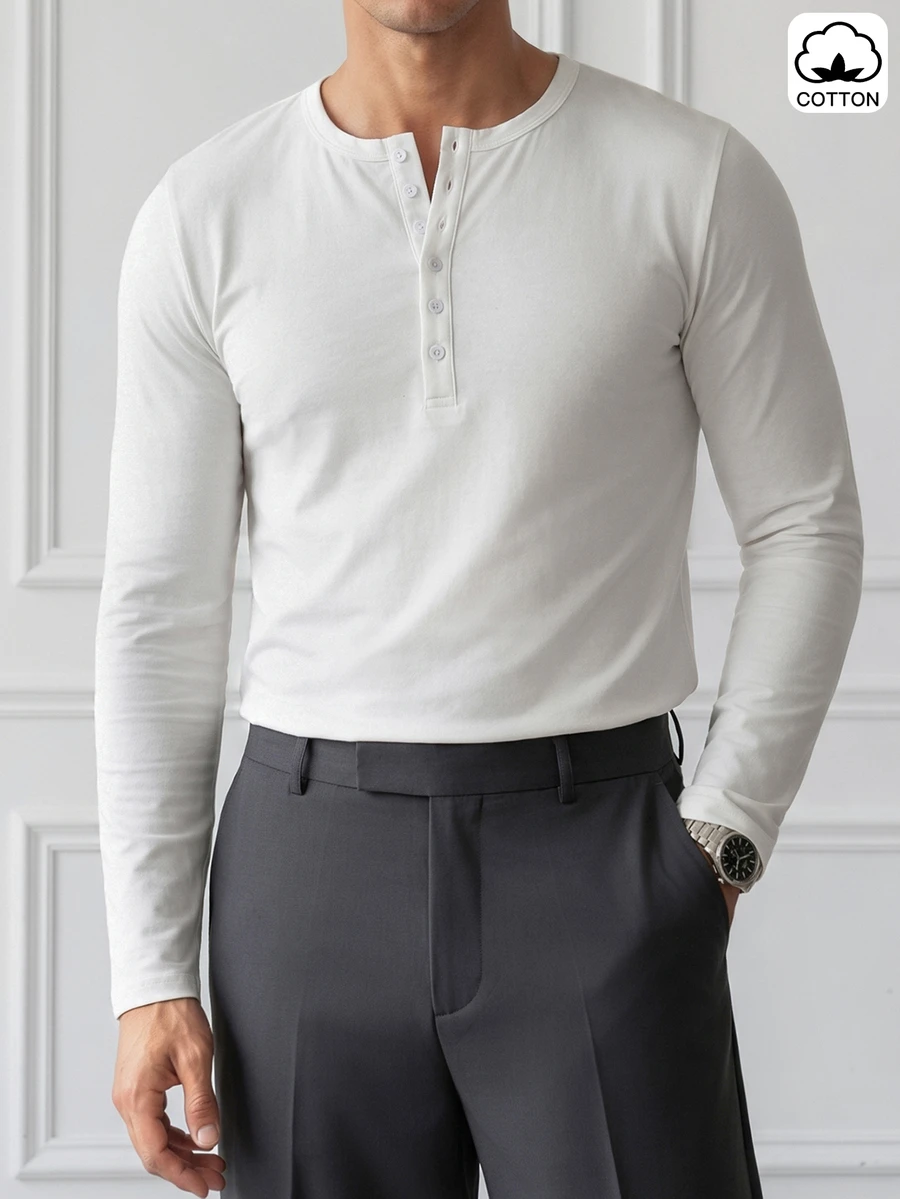 HUEFORM Men's Old Money White Cotton Henley Collar Fitted T-Shirt,The Fabric Is Stretchy And Flattering To The Figure; A Versatile, Essential Style.For Men - White - View 1