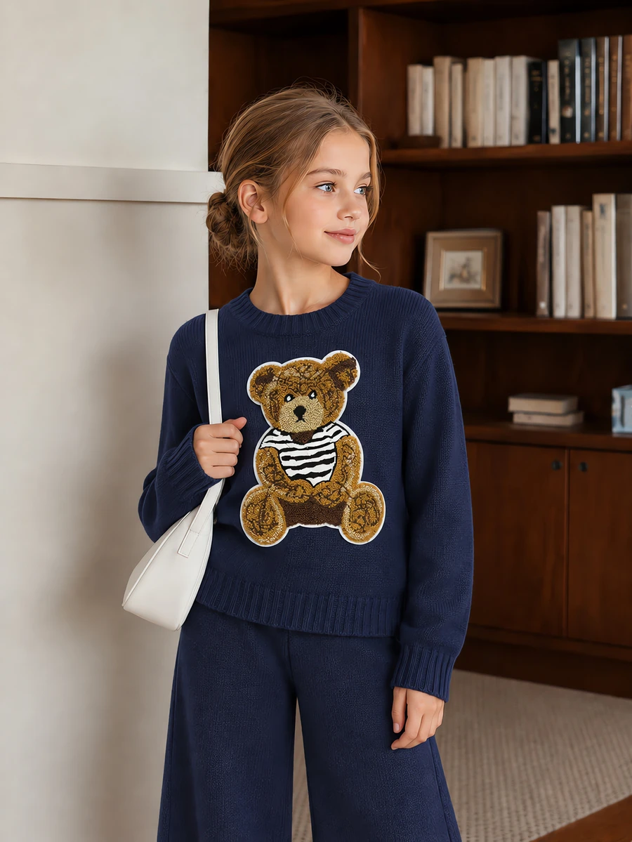 SHEIN Girls' Autumn/Winter Fashion Pattern Jacquard Knit Sweater Long Sleeve Pullover & Long Pants Set - Navy Blue - View 1