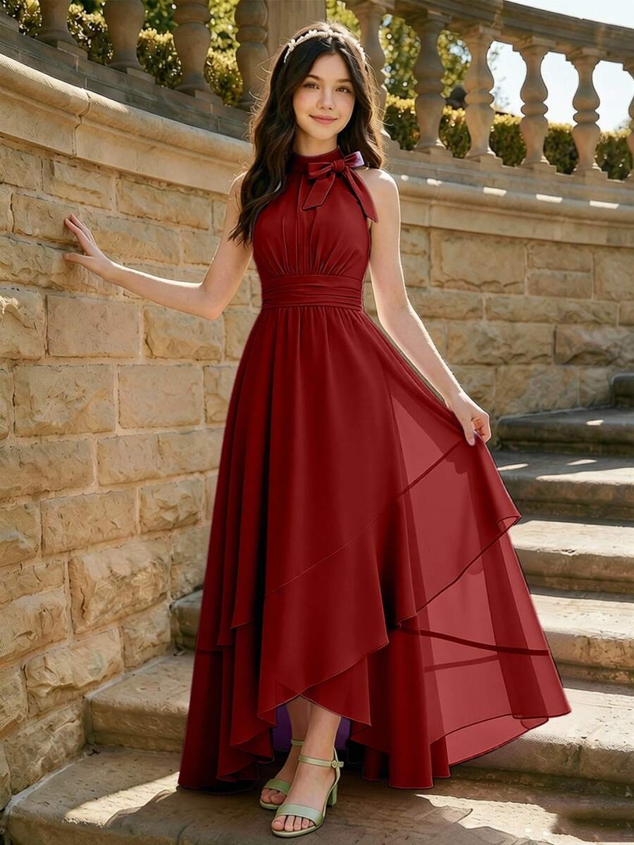 SHEIN فستان ماكسي طويل أنيق باللون الأزرق الداكن بياقة هالتر وخطوط شبكية متباينة بقصة A-Line للفتيات المراهقات، مناسب للعودة إلى المدرسة والسنة السادسة والتخرج والحفلات - الأحمر - مشاهدة 1