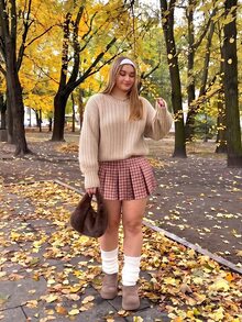 GalTyme Plus Size Casual Commute Plaid Pleated Skirt - Red and White - View 4