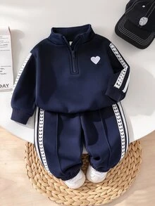 SHEIN 2件組女嬰蝴蝶結刺繡長袖上衣與長褲套裝，運動休閒服，海軍藍，秋季可愛校園風 - 寶藍色 - 查看 3