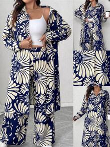 Elenzga Plus Size Pleated Textured Fabric Collared Long Sleeve Long Shirt And Loose Straight Leg Pants Casual Outfit, 2pcs Set Fall - Multicolor - View 7
