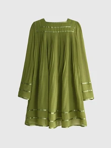 ROMWE Fairycore Chiffon Vintage Mori Style Bell Sleeve Loose Doll Hem A-Line Women's Mini Dress - Olive Green - View 2