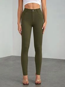 SHEIN Tall 休閒百搭純色修身長褲，適合高個女性 - 軍綠色 - 查看 4