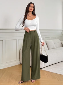 SHEIN Tall 女款黑色高腰寬腿長褲，優雅商務休閒上班西裝褲，高挑百搭純色秋冬老錢風正裝褲 - 軍綠色 - 查看 6