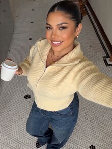 Muchica Plus Size Women's Solid Color Long Sleeve Zip-Up Knit Cardigan - Yellow - View 5