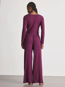 Ocili Set Piyama Celana Panjang Lengan Panjang Leher V Berbahan Rajut Renda Nyaman untuk Wanita - Red Violet - View 3