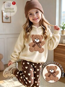 SHEIN Explorewe 女童卡通圖案長袖運動衫與長褲休閒日常套裝 - 白色 - 查看 3