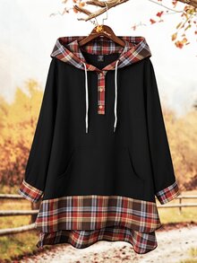 Linhara 大尺碼女款刷毛格紋連帽口袋中長版休閒優雅套頭上衣，春季與秋季新年服飾女裝 - 黑色 - 查看 1