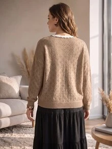 EMERY ROSE كارديجان محبوك بأزرار مطرزة بطراز عتيق مقاس كبير - كاكي - مشاهدة 2