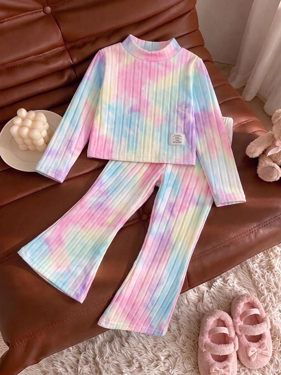 SHEIN Elladie kids 女童彩虹紮染羅紋兩件套,半高領短袖長袖上衣 + 喇叭長褲套裝,適合外出、拍照、假日聚會,春秋穿著 - 粉色 - 查看 1