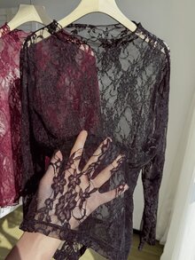 Comfortcana 2件組大尺碼女款蕾絲上衣，黑色，夏季，優雅性感，百搭，秋季，冬季，聖誕節，新年，感恩節，派對晚宴，婚禮 - 酒紅色 - 查看 4