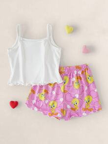 LOONEY TUNES X SHEIN Young Girl Cartoon Print Camisole Top And Frill Trim Shorts Loungewear Set - Multicolor - View 2