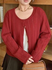 Dazy Plus Solid Color Loose Hollow Round Neck Long Sleeve Short Casual Vacation Spring Autumn Knit Cardigan - Burgundy - View 1