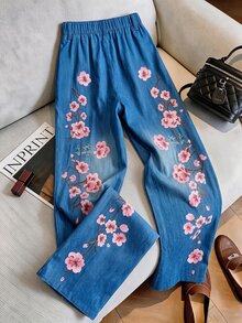 SHEIN Franclia 女款花卉印花休閒日常穿著長褲 - 藍色 - 查看 2