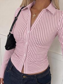 SHEIN EZwear 休閒極簡深棕色條紋長袖襯衫，淺粉色針織修身女款T恤，秋季上衣，適合日常通勤、約會、聚會，秋/冬/春/夏，聖誕節、新年、感恩節、派對、婚禮、海灘 - 彩色 - 查看 3