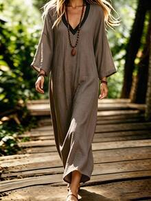 Linhara CURVE Plus Size Casual V-Neck Colorblock Long Sleeve Flare Sleeve Loose A-Line Dress - Khaki - View 6