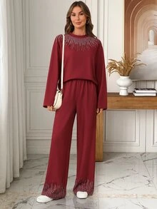 EMERY ROSE Women's Rhinestone Pattern Print Long Sleeve Top And Pants 2 Pieces Set - Red - View 7