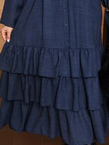 Roveilla Plus Size Denim Effect Collared Shirt Style Belt Waist Cinched Three-Layer Tiered Ruffle Full Skirt Elegant Layered Dress For Vacation And Party - Blue - View 4